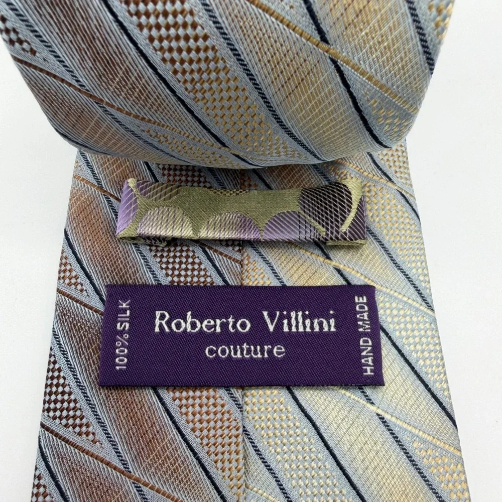 Roberto Villini Necktie Mens‎ 59x3.75 Gold Bronze Silver Silk Geometric Couture